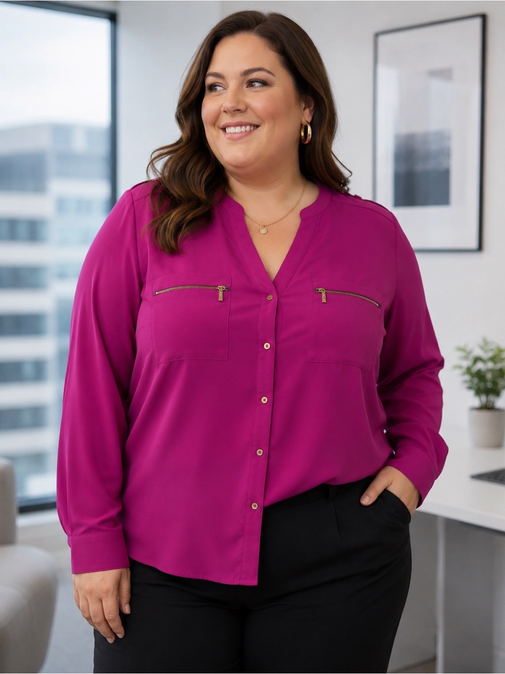 Plus Size Magenta Zip-Pocket V-Neck Blouse